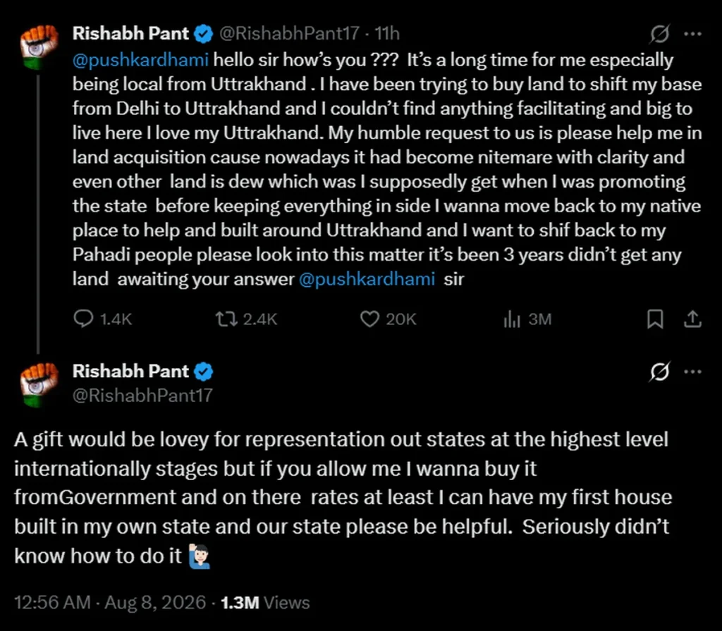 Rishabh Pant tweets to CM Dhami: Help me buy land in Uttarakhand, I want to come home