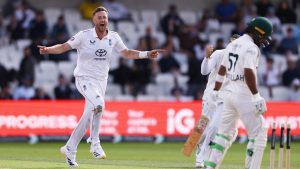 In his third over, Robinson went over the wicket and trapped Shan Masood (5) trying to drive