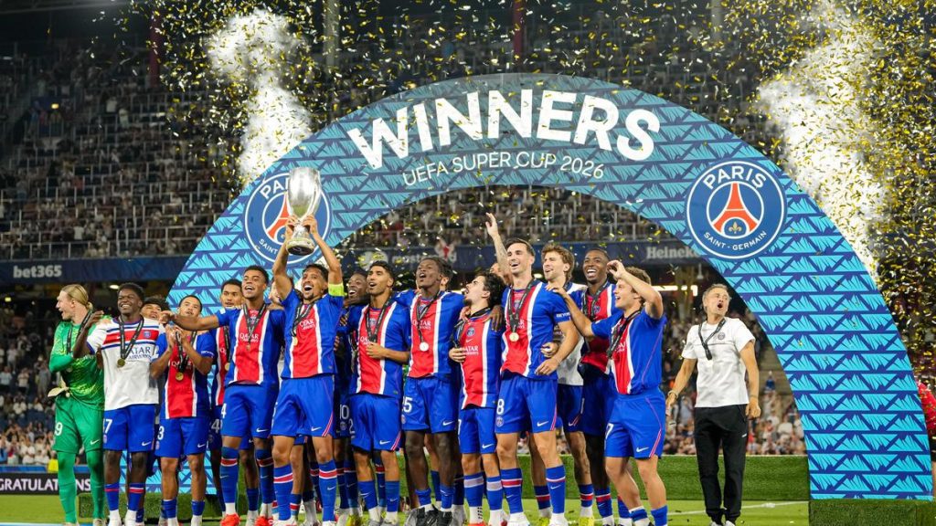 Goals from Khvicha Kvaratskhelia and Desire Doué helped Paris St Germain to retain the UEFA Super Cup