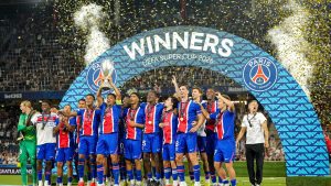 Goals from Khvicha Kvaratskhelia and Desire Doué helped Paris St Germain to retain the UEFA Super Cup