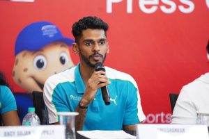 Murali Sreeshankar speaks on Thursday at the press conference ahead of the World Athletics