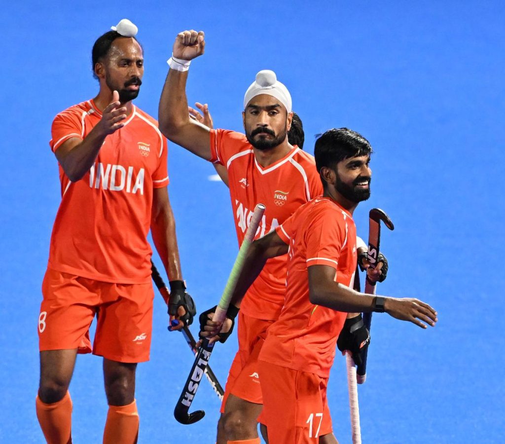 India's Jugraj Singh celebrates after the second goal against Malaysia in the men’s hockey
