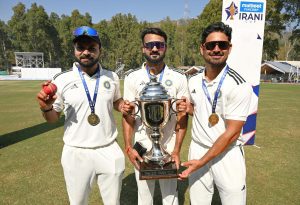 Mukesh 10.4-1-33-6, Choudhary 8-1-48-1, Akash 9-1-25-3, Manav 1-1-0-0 — RoI bowling