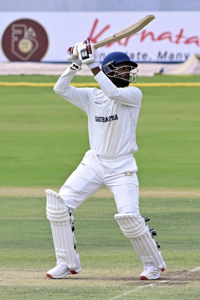 Sammar Gajjar of Saurashtra in action against Karnataka during their 2026-27 Ranji Trophy Elite