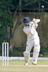Delhi’s captain Ayush Badoni plays a shot on the fourth day of the Ranji Trophy Elite Group C