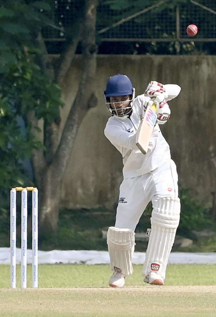 Delhi’s captain Ayush Badoni plays a shot on the fourth day of the Ranji Trophy Elite Group C